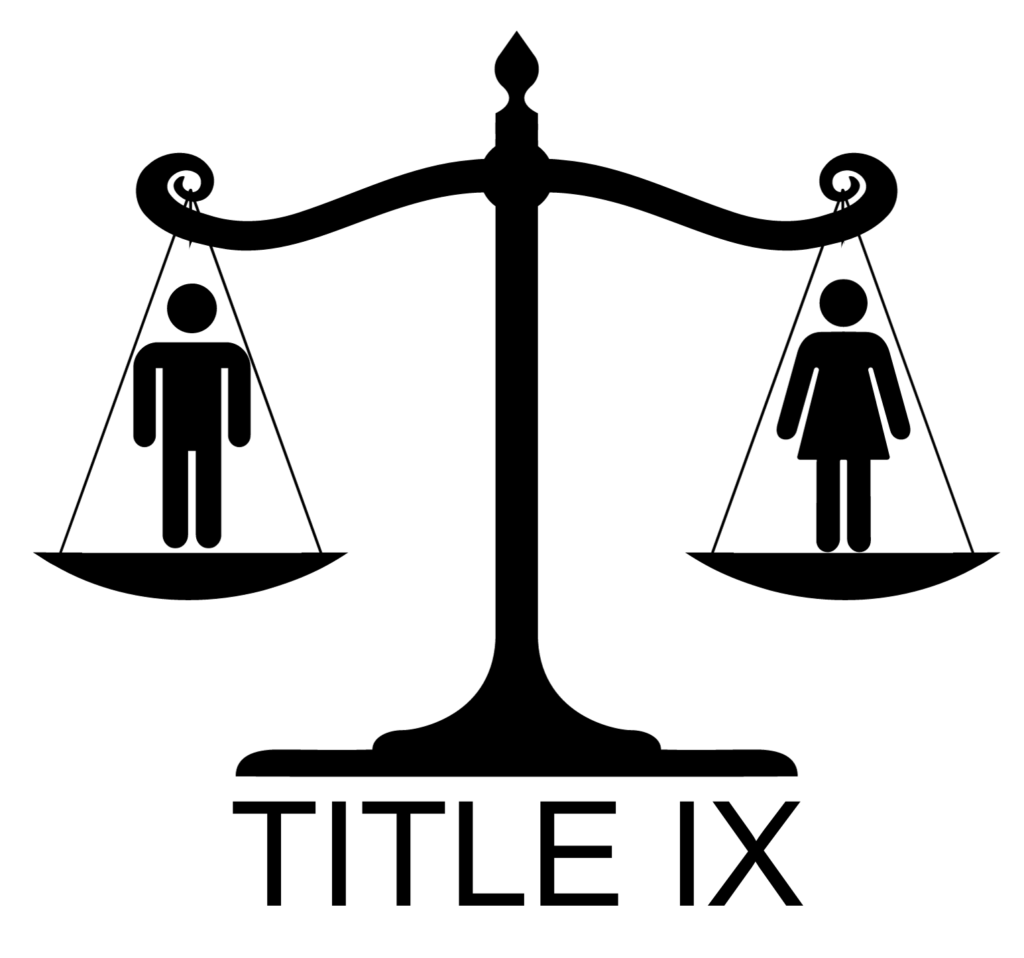 Graphic of justice scales with man icon on left and female icon on right with words 'TITLE IX'
